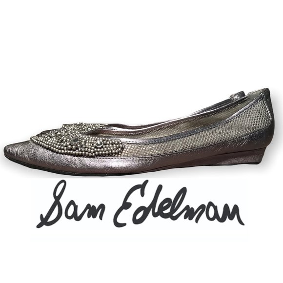 SAM EDELMAN ILLINOIS GUNMETAL BEADED Toe RHINESTONE GREY Metallic LEATHER FLATS! - Picture 2 of 7